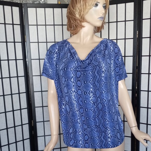 Glamorous Michael Michael Kors Blue Snakeskin Print Draped Neck Top Sz L - Picture 1 of 7